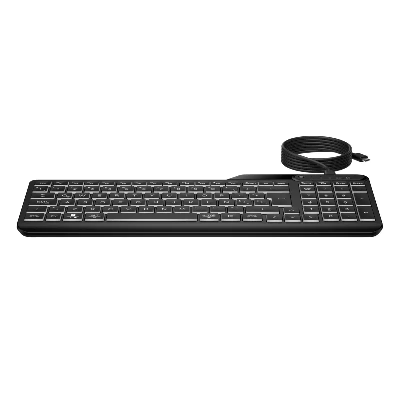 HP 405 daudzlietotāju fona apgaismojuma vadu tastatūra, pilna izmēra (100%), vadu, USB, membrānas, melna