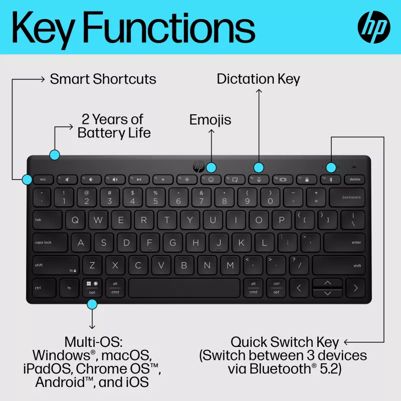 Kompakta Bluetooth tastatūra HP 355 — bezvadu mehāniskie taustiņi, melna, 0,34 kg