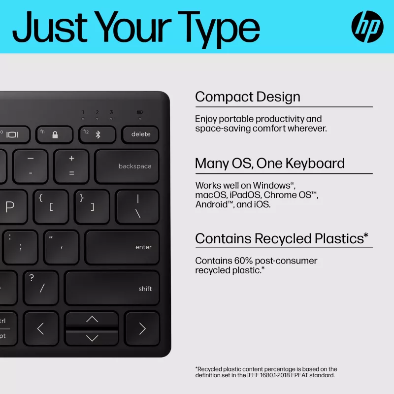 Kompakta Bluetooth tastatūra HP 355 — bezvadu mehāniskie taustiņi, melna, 0,34 kg