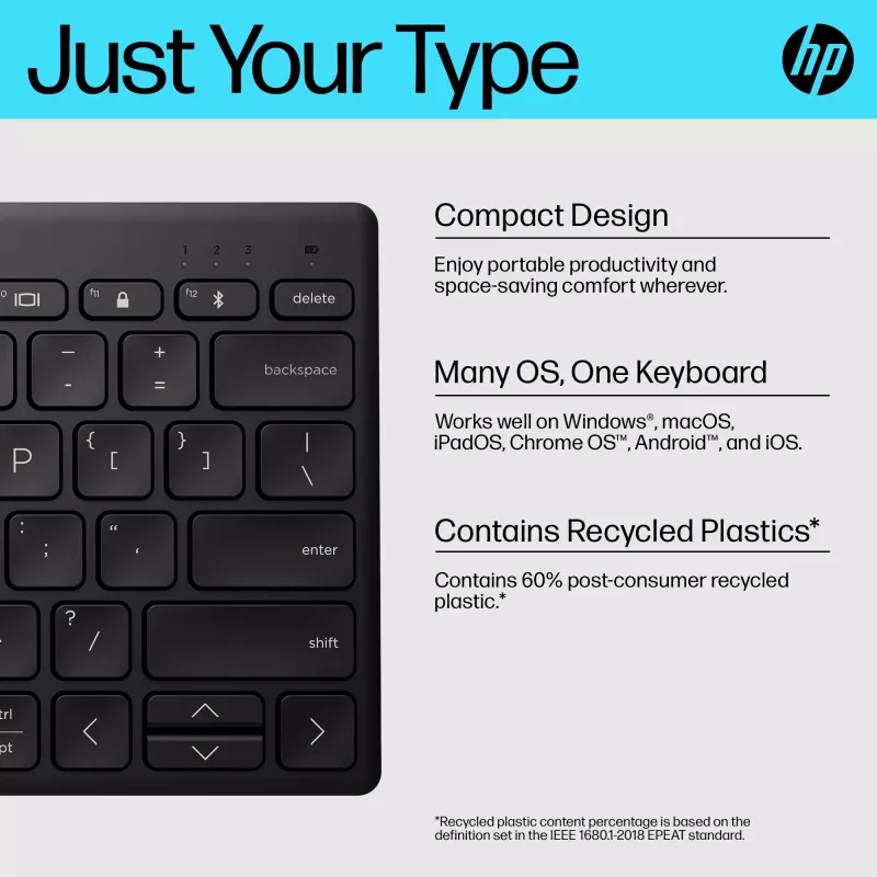 Kompakta Bluetooth tastatūra HP 355 — bezvadu mehāniskie taustiņi, melna, 0,34 kg