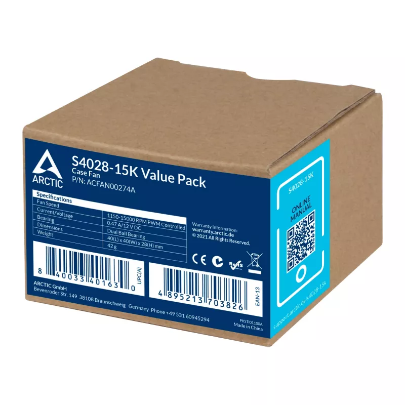 ARCTIC S4028-6K - 40 mm Servera ventilators, Ventilators, 4 cm, 250 RPM, 6000 RPM, 12,06 m³/h, Melns