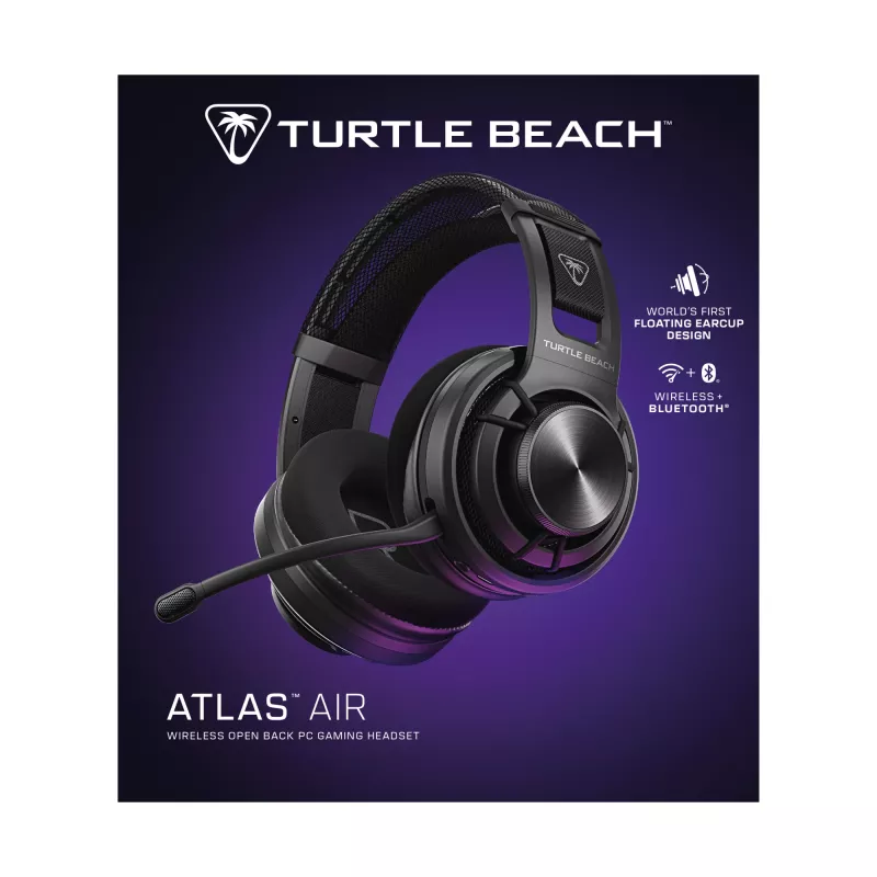 Turtle Beach Atlas Air bezvadu atvērtā tipa austiņas spēlēm ar 24 bitu augstas precizitātes audio, profesionālas klases mikrofonu, peldošajām kausiņām, atmiņas putu polsteriem un Bluetooth, datoram