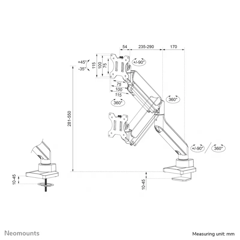 Neomounts DS70-450BL1 Monitora roka 17-42 collas - gāzes atspere - Topfix - 180°-stop
