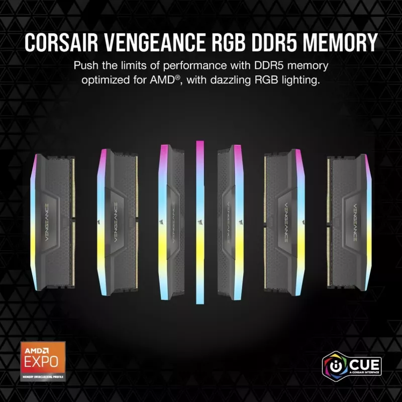 CORSAIR atmiņa 64GB (2x32GB) DDR5 DRAM 5200MT/s CL40 AMD EXPO un Intel XMP atmiņas komplekts Vengeance RGB