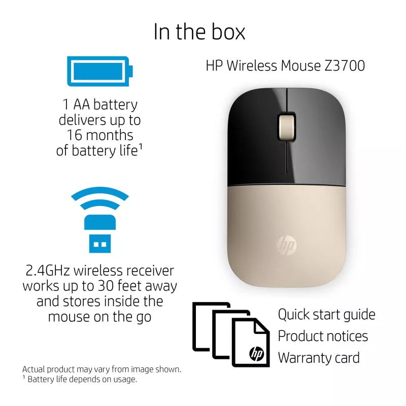 HP Z3700 Gold bezvadu pele, abpusēja, optiskā, RF bezvadu, 1200 DPI, zelta