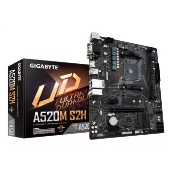 GIGABYTE A520M S2H mātesplate - atbalsta AMD Ryzen 5000 sērijas AM4 procesorus, 4+3 fāžu tīra digitālā VRM, līdz 5100 MHz DDR4 (OC), PCIe 3.0 x4 M.2, GbE LAN, USB 3.2 Gen 1