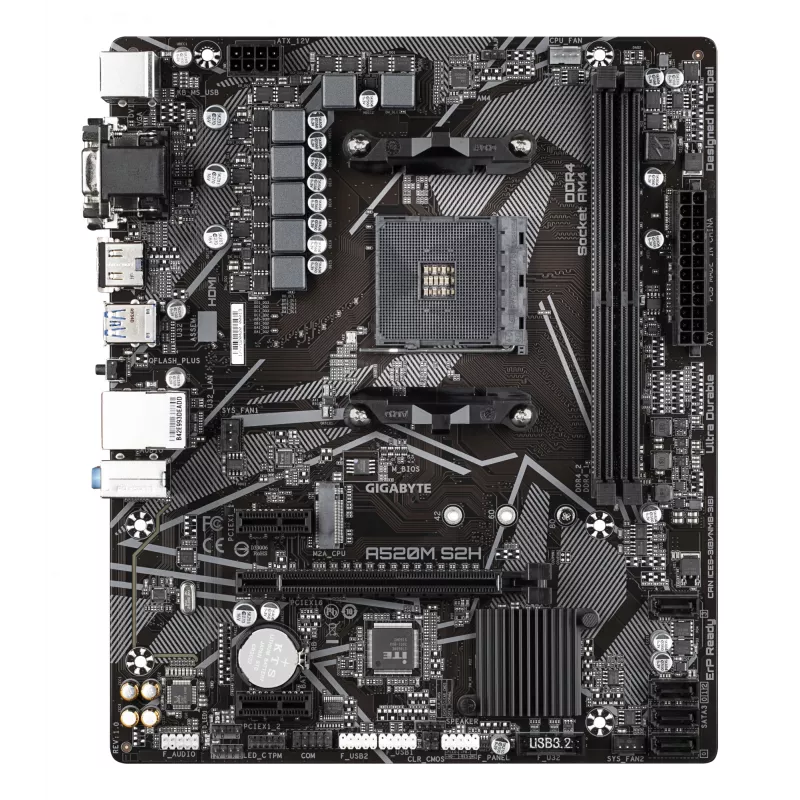 GIGABYTE A520M S2H mātesplate - atbalsta AMD Ryzen 5000 sērijas AM4 procesorus, 4+3 fāžu tīra digitālā VRM, līdz 5100 MHz DDR4 (OC), PCIe 3.0 x4 M.2, GbE LAN, USB 3.2 Gen 1