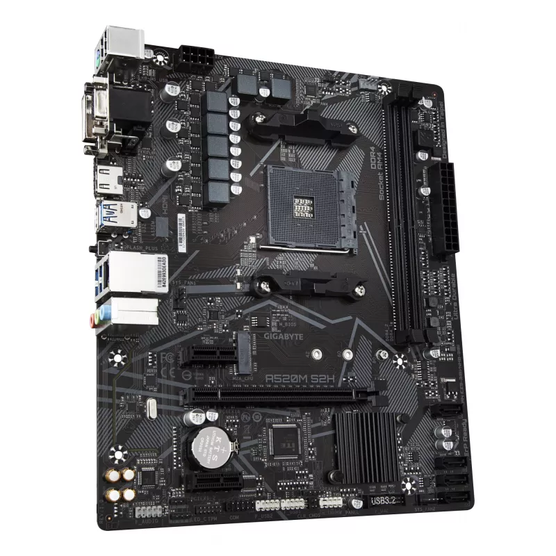 GIGABYTE A520M S2H mātesplate - atbalsta AMD Ryzen 5000 sērijas AM4 procesorus, 4+3 fāžu tīra digitālā VRM, līdz 5100 MHz DDR4 (OC), PCIe 3.0 x4 M.2, GbE LAN, USB 3.2 Gen 1