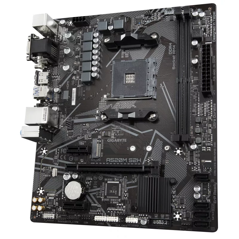 GIGABYTE A520M S2H mātesplate - atbalsta AMD Ryzen 5000 sērijas AM4 procesorus, 4+3 fāžu tīra digitālā VRM, līdz 5100 MHz DDR4 (OC), PCIe 3.0 x4 M.2, GbE LAN, USB 3.2 Gen 1