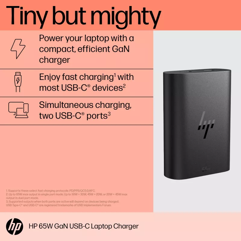 HP 65W GaN USB-C klēpjdatora lādētājs, klēpjdatoram, iekštelpām, 65 W, 5,9,12,15,20 V, 65 W, mājai