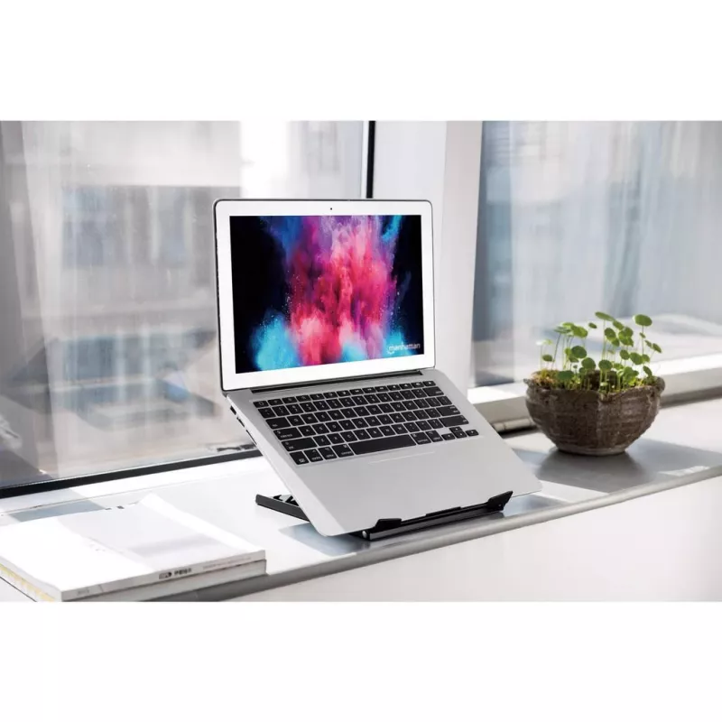 Manhattan Laptop un planšetdatora statīvs, regulējams (5 pozīcijas), Piemērots visām planšetēm un klēpjdatoriem līdz 15,6 collām, Pārnēsājams un viegls, Tērauds, Melns, Mūža garantija