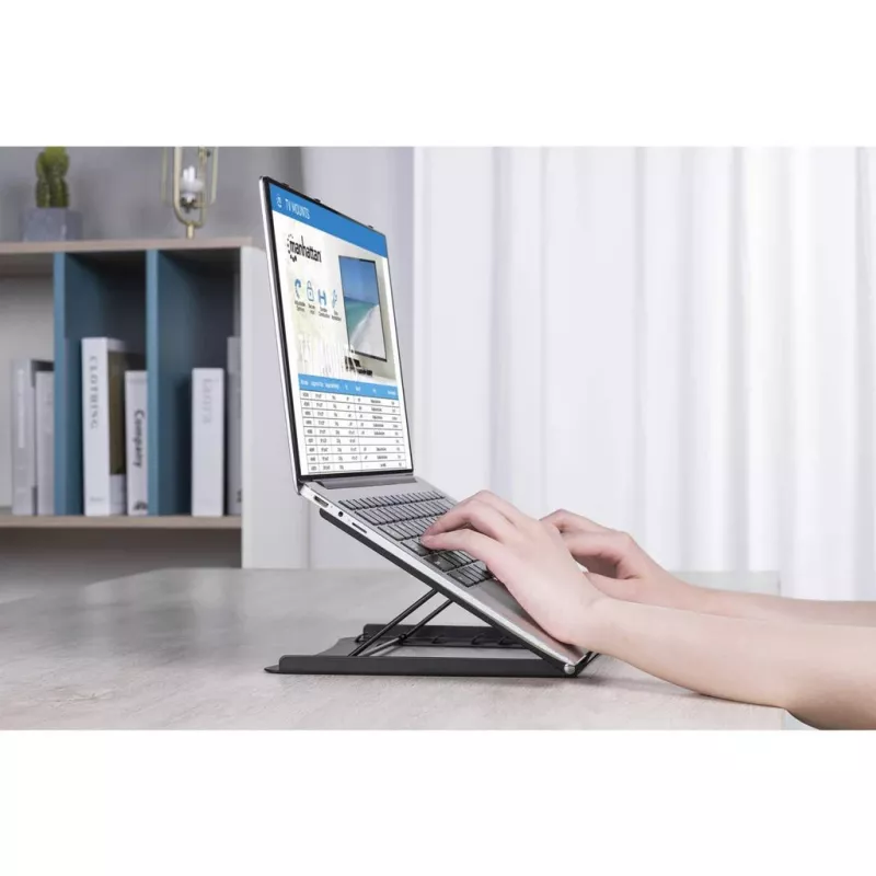 Manhattan Laptop un planšetdatora statīvs, regulējams (5 pozīcijas), Piemērots visām planšetēm un klēpjdatoriem līdz 15,6 collām, Pārnēsājams un viegls, Tērauds, Melns, Mūža garantija