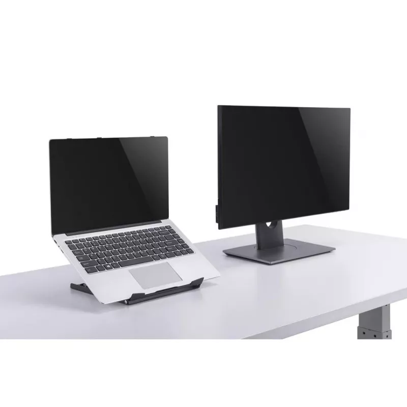 Manhattan Laptop un planšetdatora statīvs, regulējams (5 pozīcijas), Piemērots visām planšetēm un klēpjdatoriem līdz 15,6 collām, Pārnēsājams un viegls, Tērauds, Melns, Mūža garantija