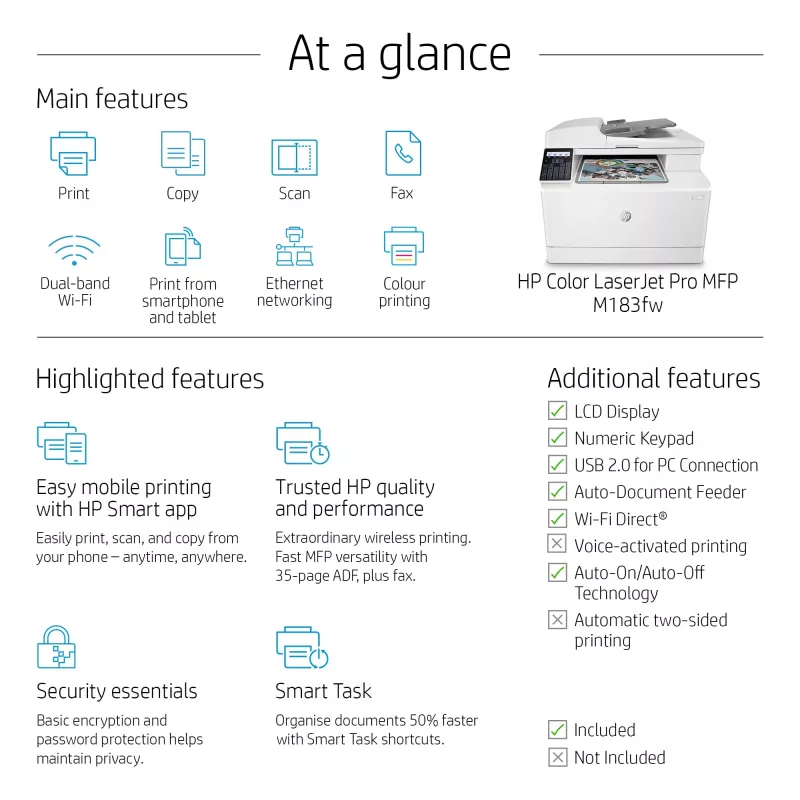 HP Color LaserJet Pro MFP M183fw, lāzerprinteris, krāsu druka, 600 x 600 DPI, A4, tiešā druka, balts