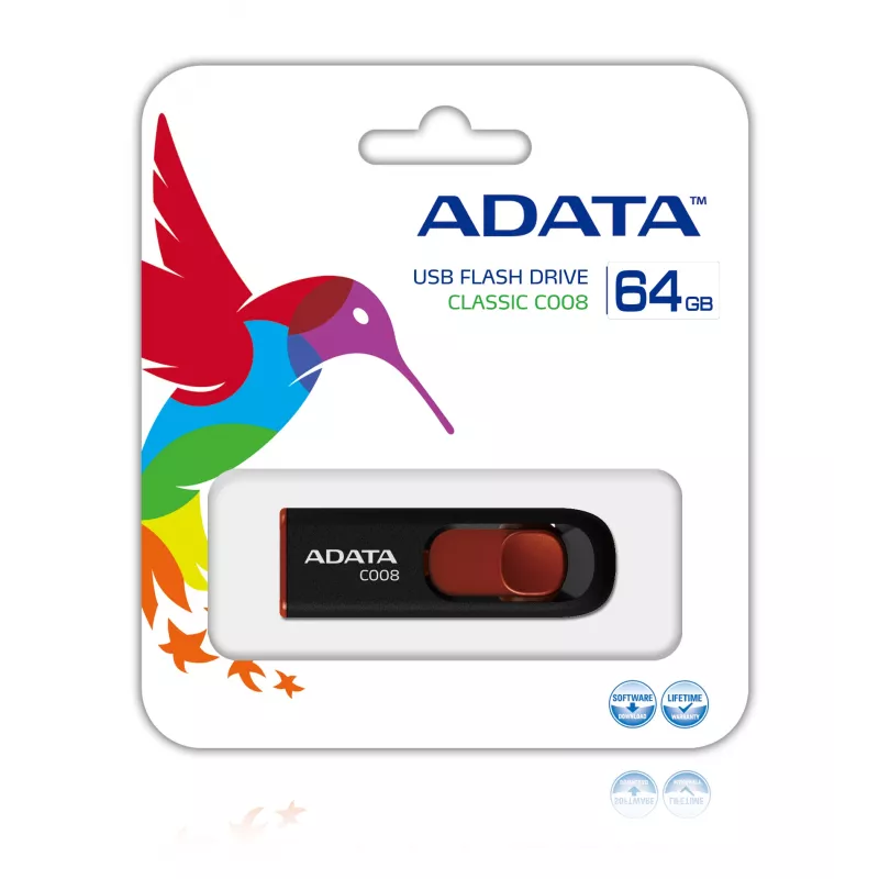 ADATA C008 64GB USB zibatmiņa USB Type-A 2.0 Melna, Sarkana