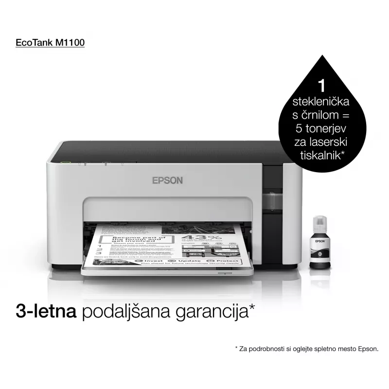 Tintes printeris Epson EcoTank ET‑M1100 — melnbalts, A4, 32 lpp/min, 1440×720 dpi, iebūvēta tintes tvertne, USB 2.0, pelēks/melns