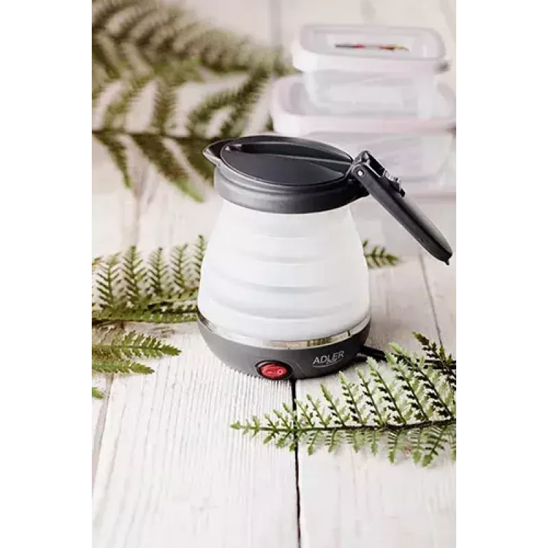 Elektriskā tējkanna Adler AD 1279 — 0,6 L, 750 W, plastmasas korpuss, pogu vadība, indikatora gaisma
