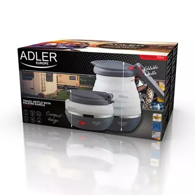 Elektriskā tējkanna Adler AD 1279 — 0,6 L, 750 W, plastmasas korpuss, pogu vadība, indikatora gaisma