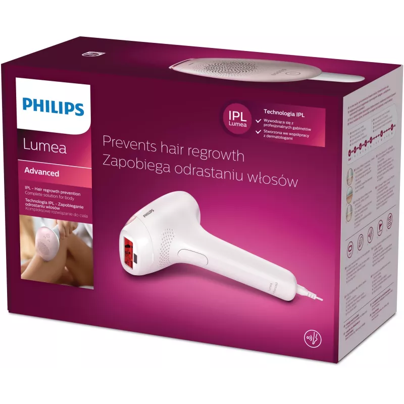 IPL matu noņemšanas ierīce Philips SC1994/00 Lumea Advanced — maiņstrāvas barošana, ķermeņa uzgalis, 4 cm² lampa, balta/rozā