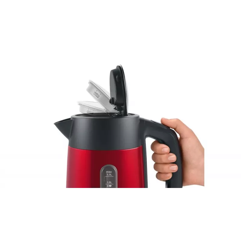 Bosch TWK4P434 elektriskā tējkanna — 1,7 L, 2400 W, melna/sarkana