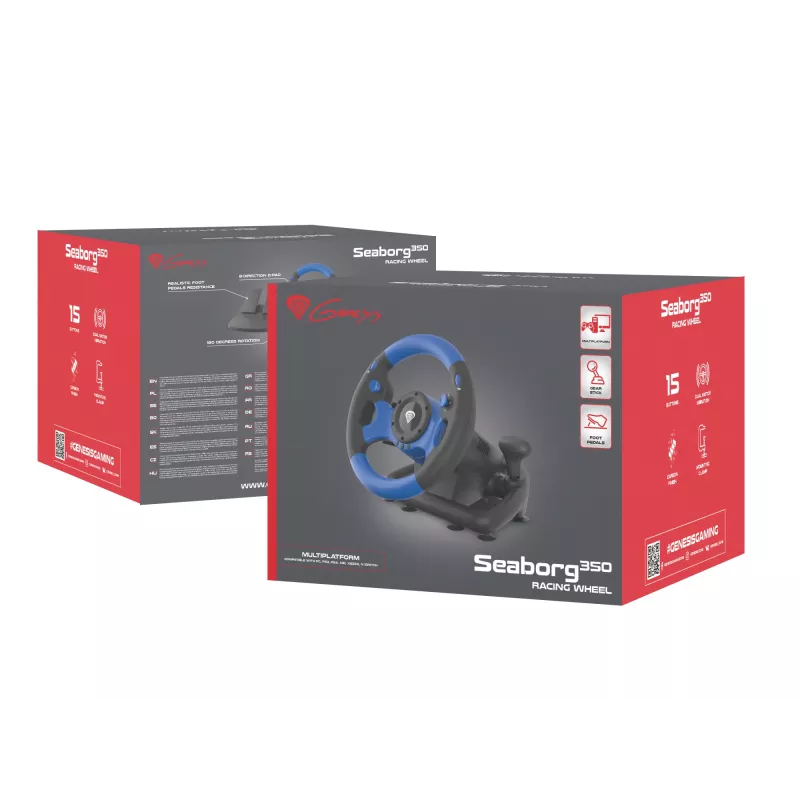 GENESIS Seaborg 350 Melns, Blue USB stūre + pedāļi Nintendo Switch, PC, PlayStation 4, Playstation 3, Xbox 360, Xbox One, Xbox Series S, Xbox Series X