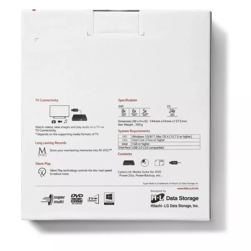 HITACHI-LG DATA STORAGE plāns pārnēsājams DVD rakstītājs - Gp60nw60 - USB 2.0 - balts