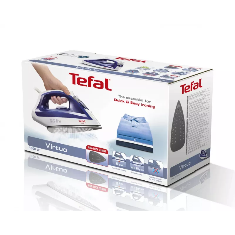 Tvaika gludeklis Tefal Virtuo FV1711 — 1800 W, Durilium zole, 0,2 L tvertne, vertikālais tvaiks, violets/balts