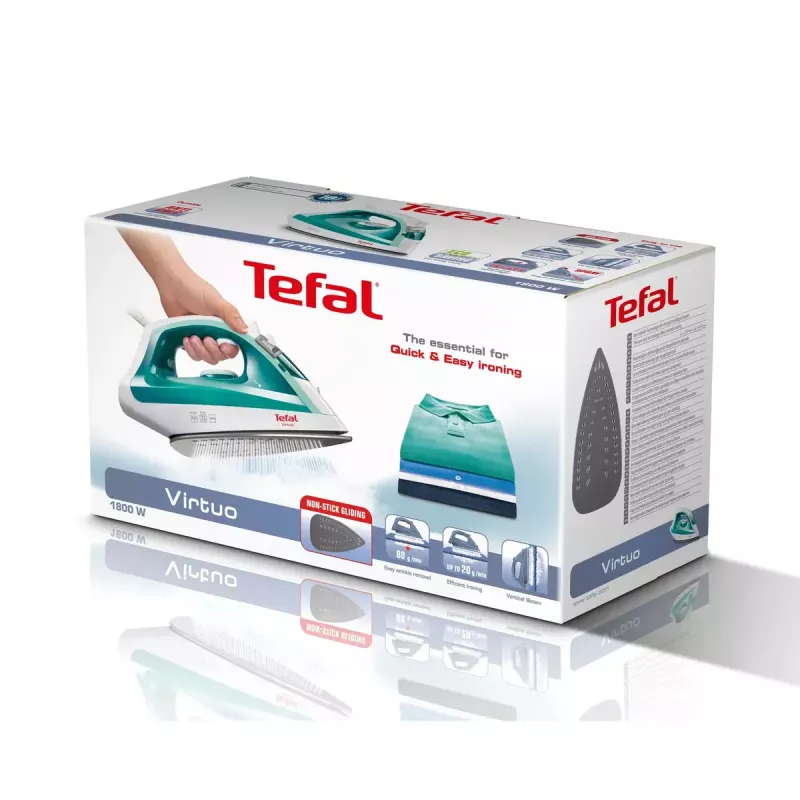 Tvaika gludeklis Tefal Virtuo FV1710 — 1800 W, 80 g/min tvaika trieciens, vertikālā tvaicēšana, zaļš/bals