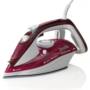 Tvaika gludeklis Gorenje SIH3000RBC — 3000 W, keramiskā zole, 0,4 L ūdens tvertne, 1,6 kg, sarkans