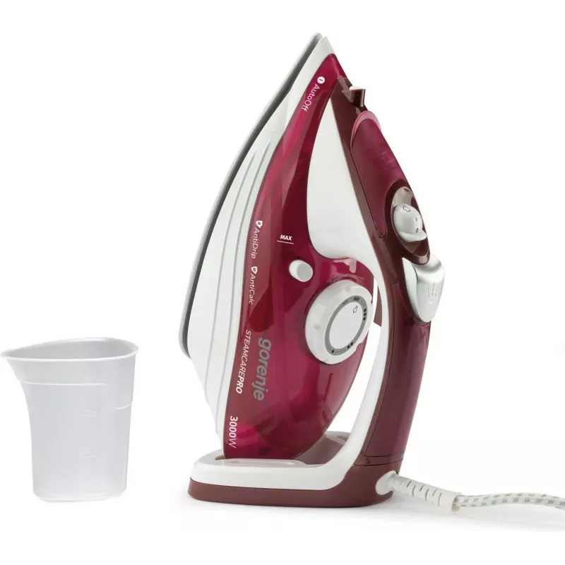 Tvaika gludeklis Gorenje SIH3000RBC — 3000 W, keramiskā zole, 0,4 L ūdens tvertne, 1,6 kg, sarkans