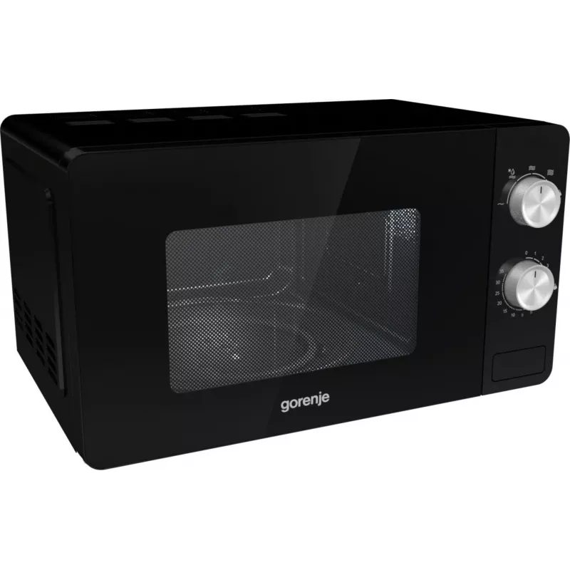 Solo mikroviļņu krāsns Gorenje MO20E1B — 20 L, 800 W, 5 jaudas līmeņi, 270 mm grozāmais paliktnis, melna