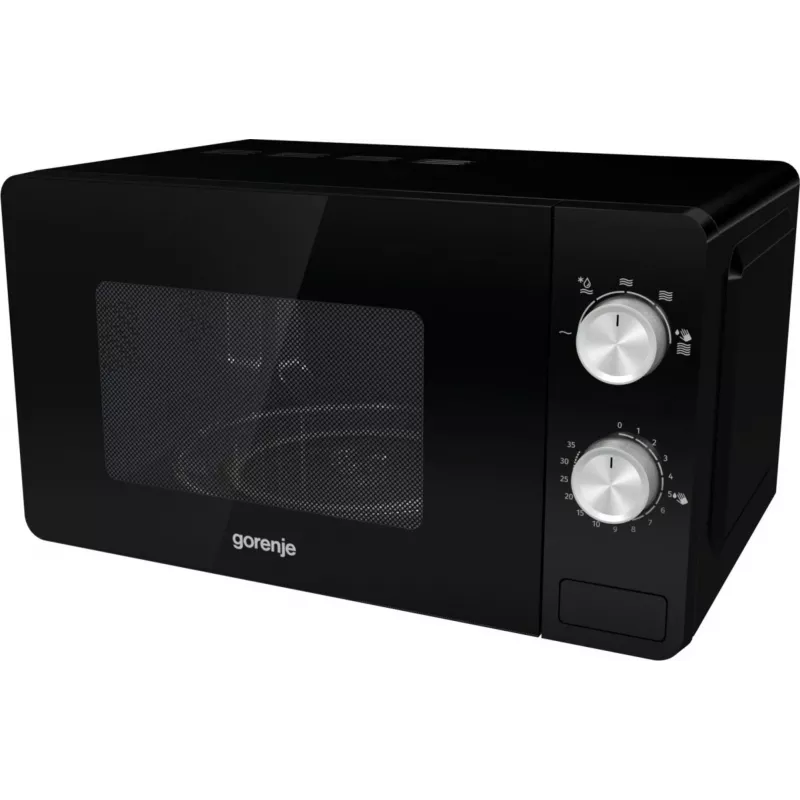 Solo mikroviļņu krāsns Gorenje MO20E1B — 20 L, 800 W, 5 jaudas līmeņi, 270 mm grozāmais paliktnis, melna