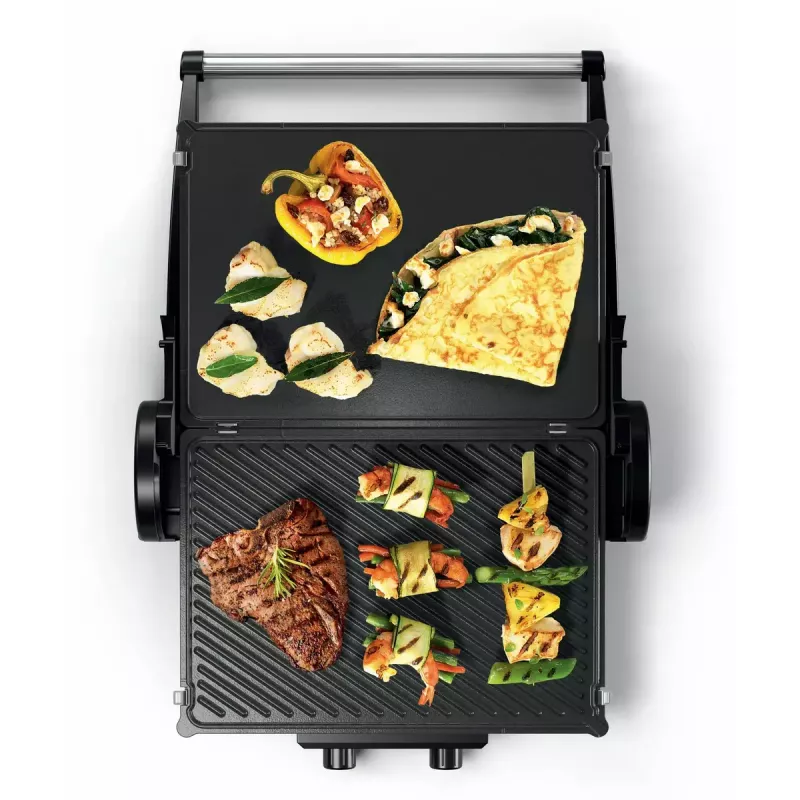 Kontaktgrils Bosch TCG4104 — 2000 W, taisnstūra, regulējams termostats, cepšanas virsma 328×238 mm, sarkans