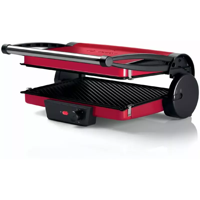 Kontaktgrils Bosch TCG4104 — 2000 W, taisnstūra, regulējams termostats, cepšanas virsma 328×238 mm, sarkans