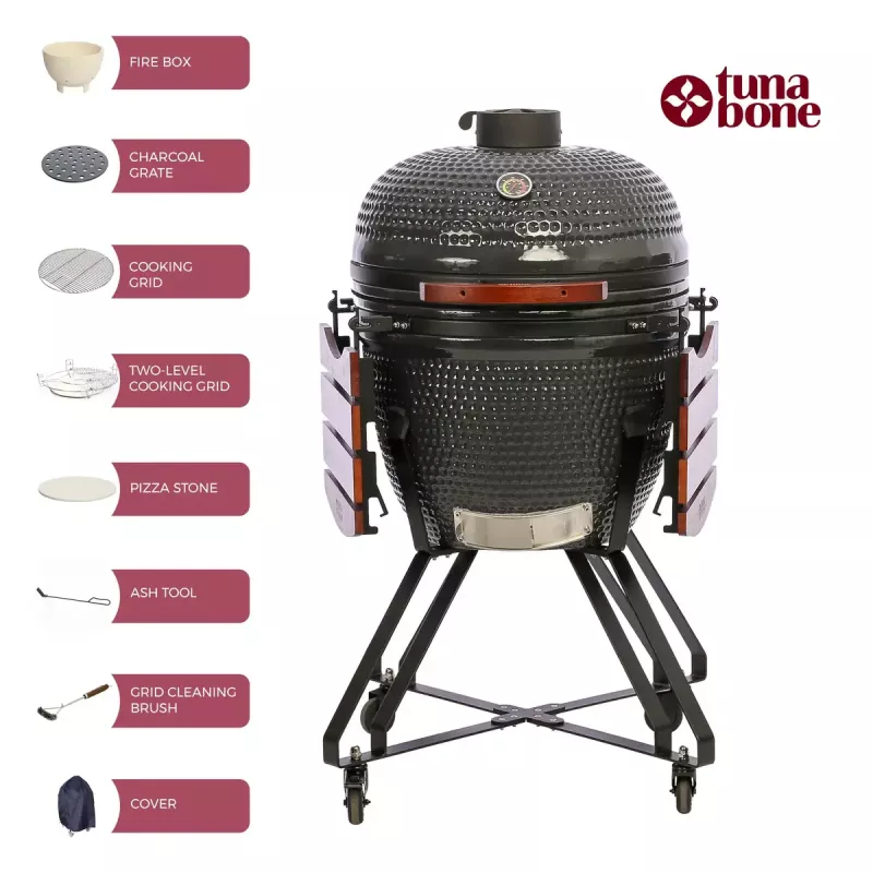TunaBone Classic 23 collu (L izmērs) keramiska stila ogļu grils, 23 collu gatavošanas diametrs, tumši pelēks