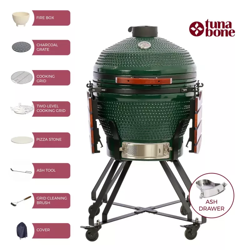 TunaBone Kamado Pro 24 collu keramikas grils, L izmērs, zaļš (TBG24GREEN-02)