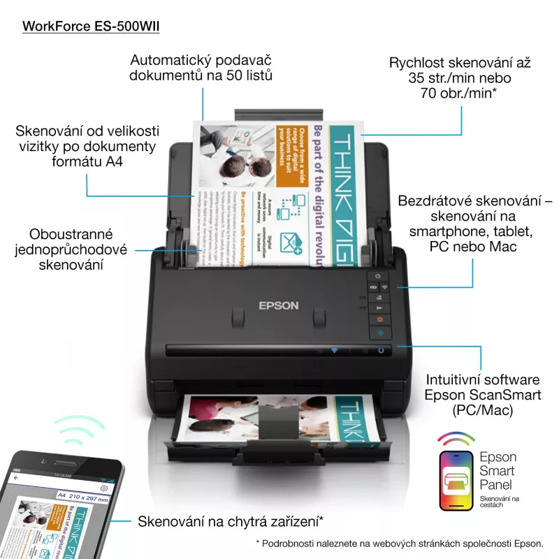 Epson WorkForce ES-500WII lokšņu padeves skeneris 600 x 600 DPI A4 Melns