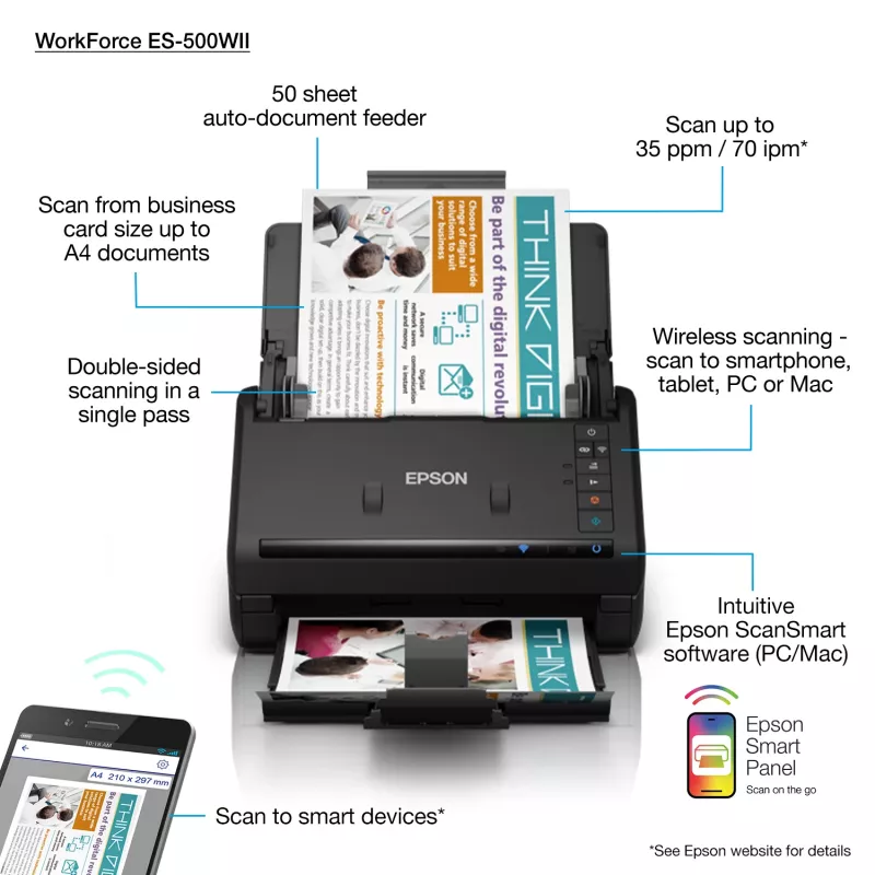Epson WorkForce ES-500WII lokšņu padeves skeneris 600 x 600 DPI A4 Melns