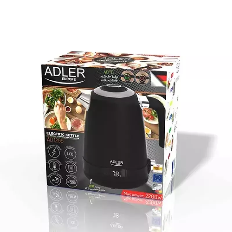 Elektriska tējkanna Adler 1 L 2200 W Melna Nerūsējošais tērauds