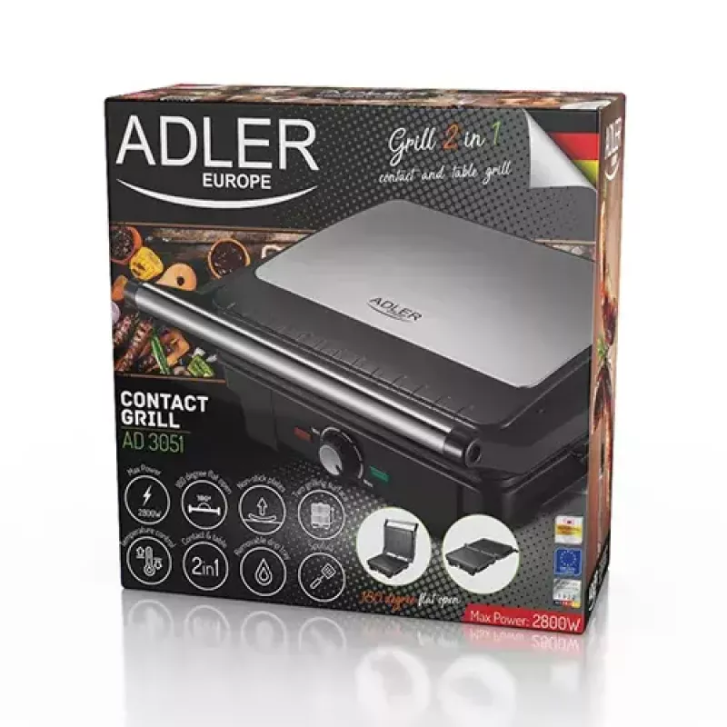 Kontaktgrils Adler AD 3051 — nerūsējošais tērauds, 2200–2800 W, grila virsma 1392 cm², regulējama temperatūra, nepiedegošas plāksnes