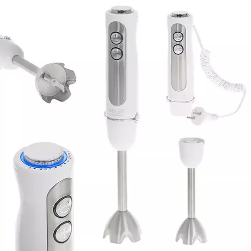 Iegremdējamais blenderis Adler AD 4625w — rokas blenderis, 5 ātrumi, turbo, 1500 W, nerūsējošais tērauds, sudraba/baltā krāsā