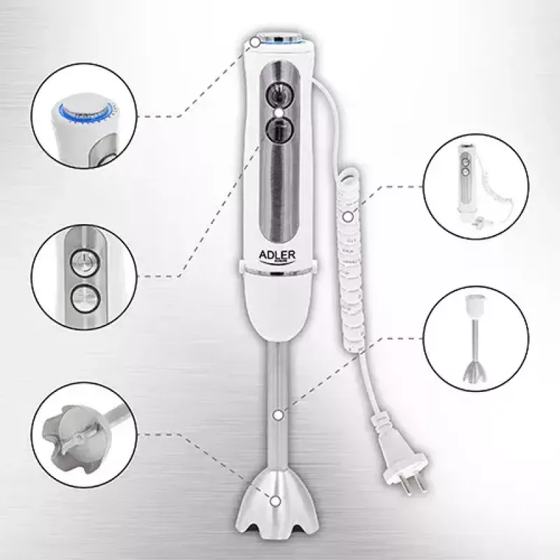 Iegremdējamais blenderis Adler AD 4625w — rokas blenderis, 5 ātrumi, turbo, 1500 W, nerūsējošais tērauds, sudraba/baltā krāsā