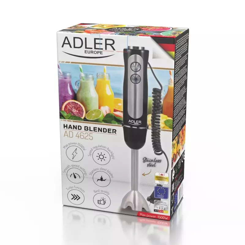 Iegremdējamais blenderis Adler AD 4625B — rokas blenderis, maks. 1500 W, nominālā 850 W, 5 ātrumi, mehāniskā vadība, turbo, nerūsējošā tērauda asmens, melns