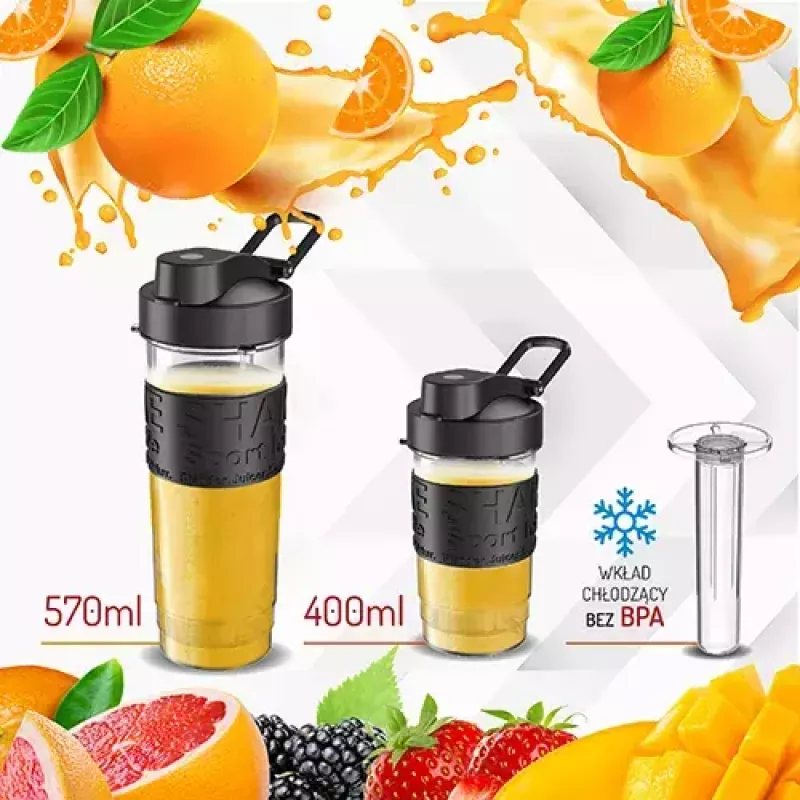 Sport blenderis Adler AD 4081 — portatīvs personīgais blenderis, 800 W maks., 0,57 l kauss, nerūsējošā tērauda asmens, 2 pudeles