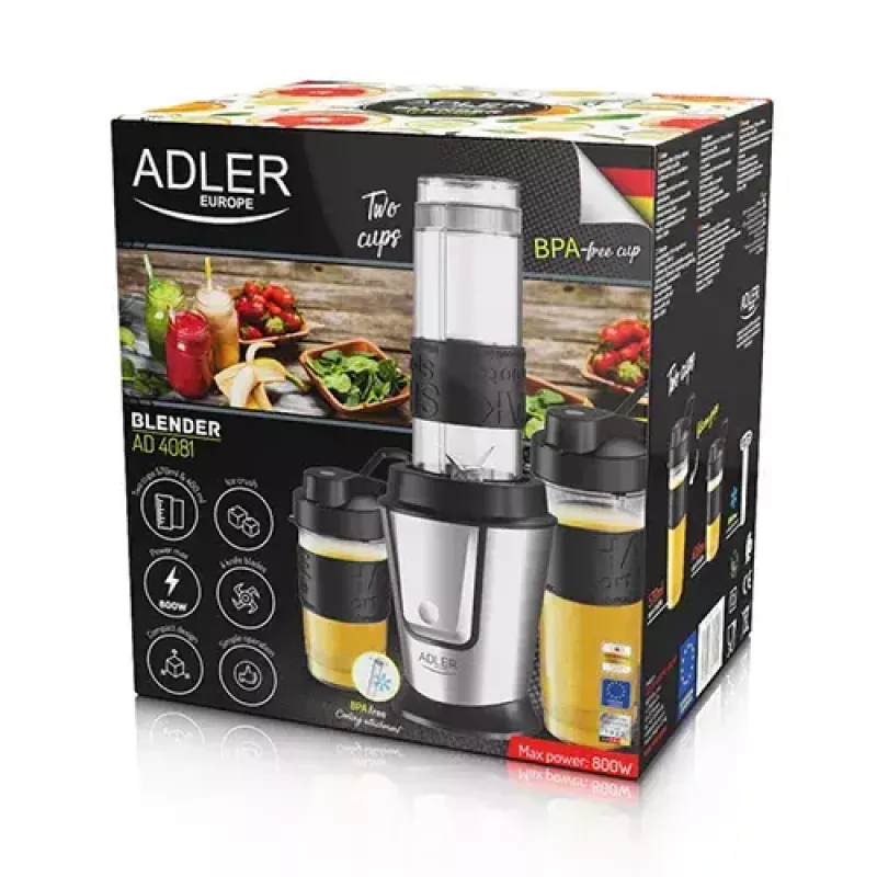 Sport blenderis Adler AD 4081 — portatīvs personīgais blenderis, 800 W maks., 0,57 l kauss, nerūsējošā tērauda asmens, 2 pudeles