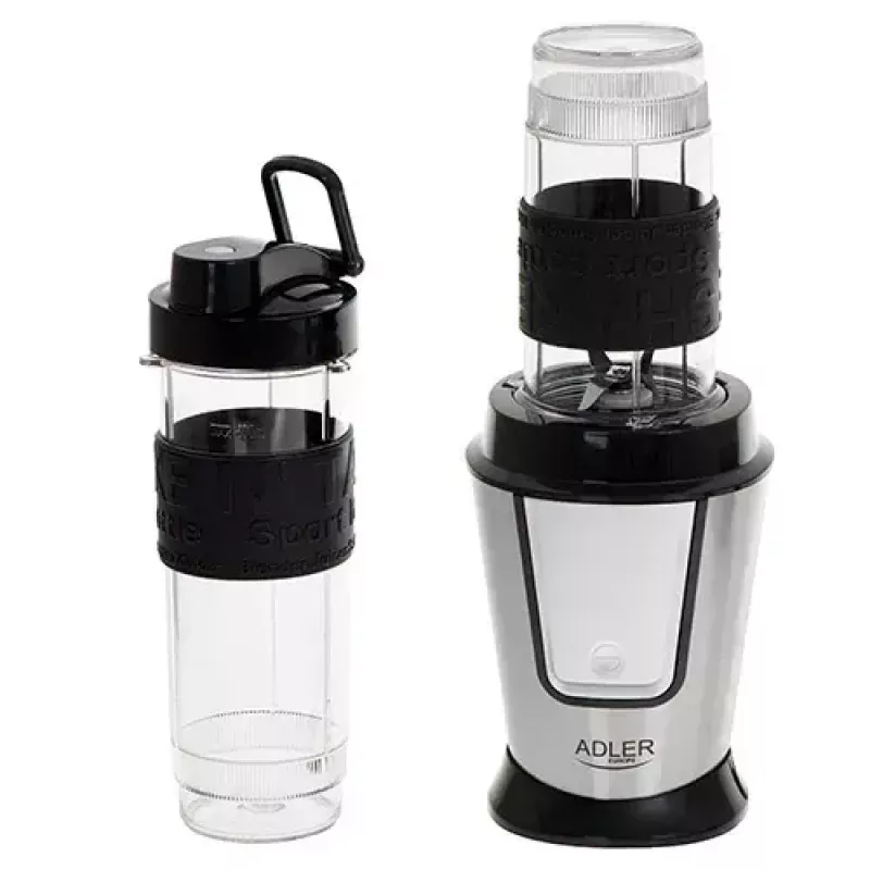 Sport blenderis Adler AD 4081 — portatīvs personīgais blenderis, 800 W maks., 0,57 l kauss, nerūsējošā tērauda asmens, 2 pudeles