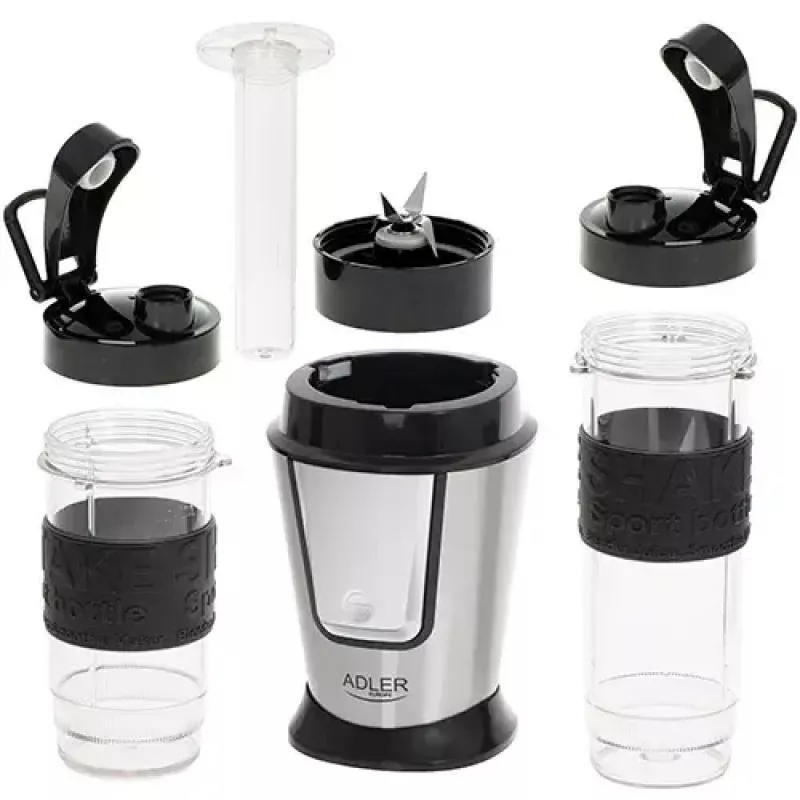 Sport blenderis Adler AD 4081 — portatīvs personīgais blenderis, 800 W maks., 0,57 l kauss, nerūsējošā tērauda asmens, 2 pudeles