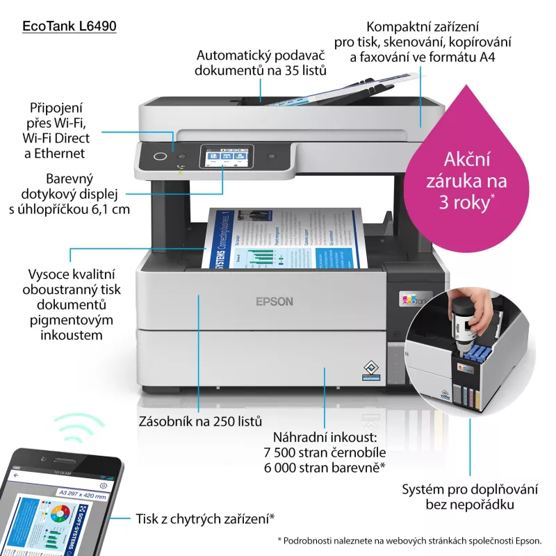 Daudzfunkciju printeris Epson EcoTank L6490 — tintu krāsu, 4800x1200 dpi, 37 ppm, A4 duplekss, Wi‑Fi, Ethernet