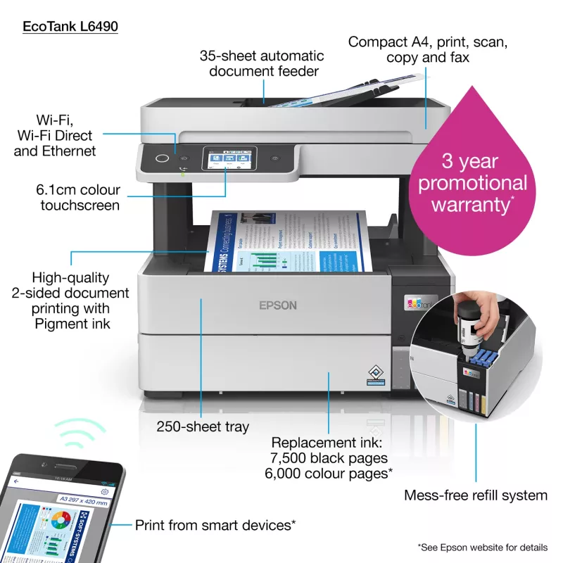 Daudzfunkciju printeris Epson EcoTank L6490 — tintu krāsu, 4800x1200 dpi, 37 ppm, A4 duplekss, Wi‑Fi, Ethernet