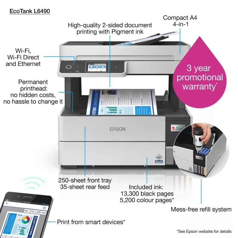 Daudzfunkciju printeris Epson EcoTank L6490 — tintu krāsu, 4800x1200 dpi, 37 ppm, A4 duplekss, Wi‑Fi, Ethernet
